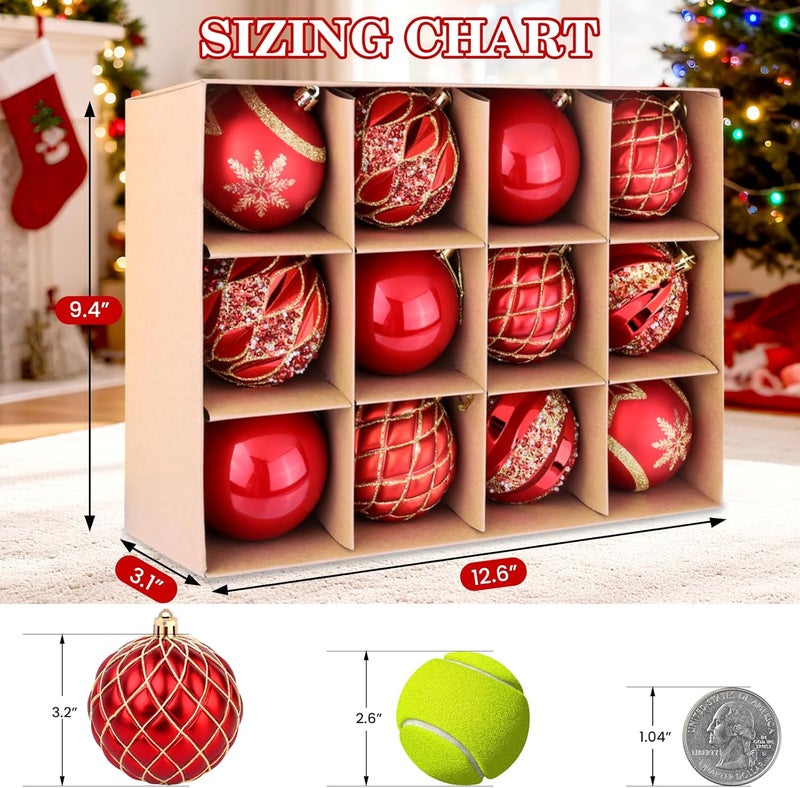 EverMerry EveryMerry 12-Pack 3.1 Inch Christmas Ornaments Set - Red & Gold Ornament Balls with 5 Various Designs, Decorations with Strings, Sturdy, Kraft Box with Lid for Xmas Tree, Holiday Party & Home Decor - Image 3